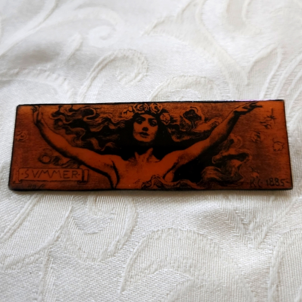 Vintage Art Nouveau Style Laminated Paper Brooch Spring R.C. 1885